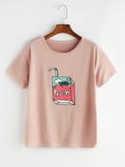 Romwe Pink Peach Cartoon Print T-shirt