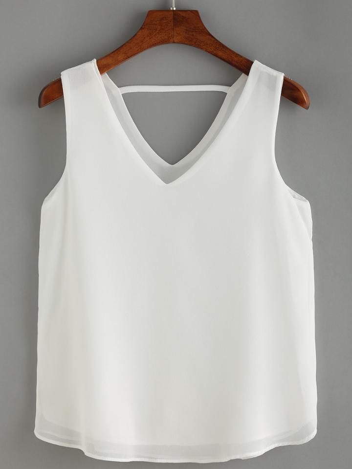 Romwe V Neck Cutout Chiffon Cami Top - White