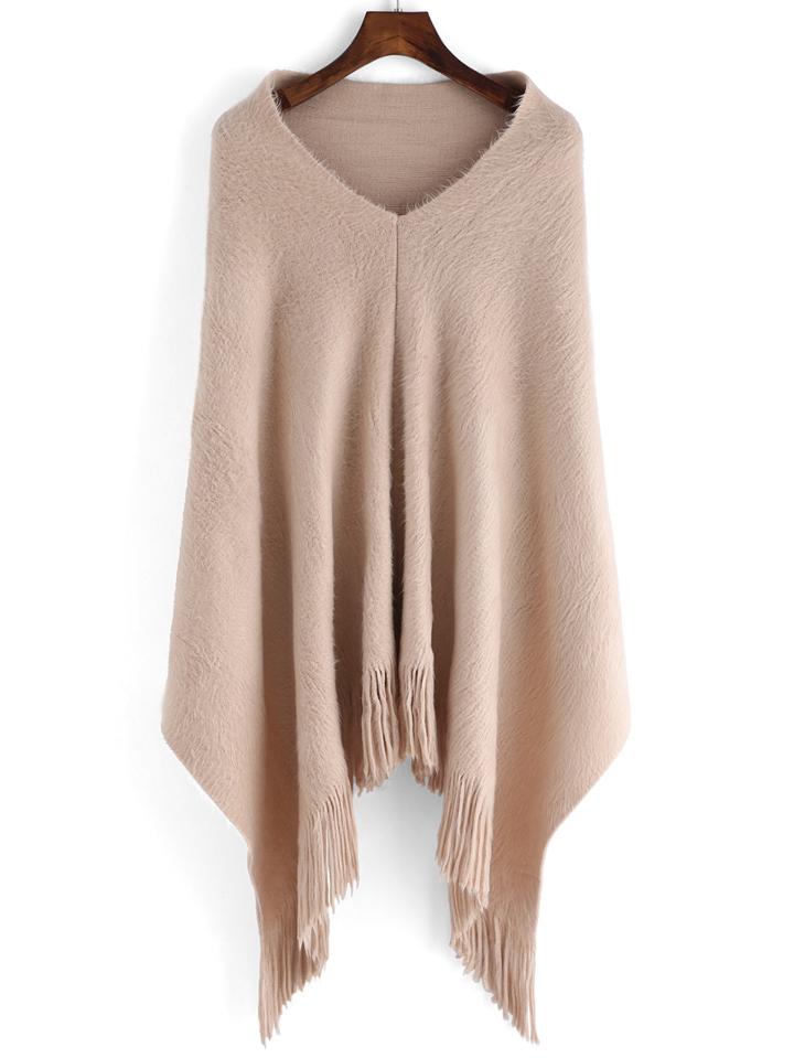 Romwe V Neck Fringe Pale Pink Poncho