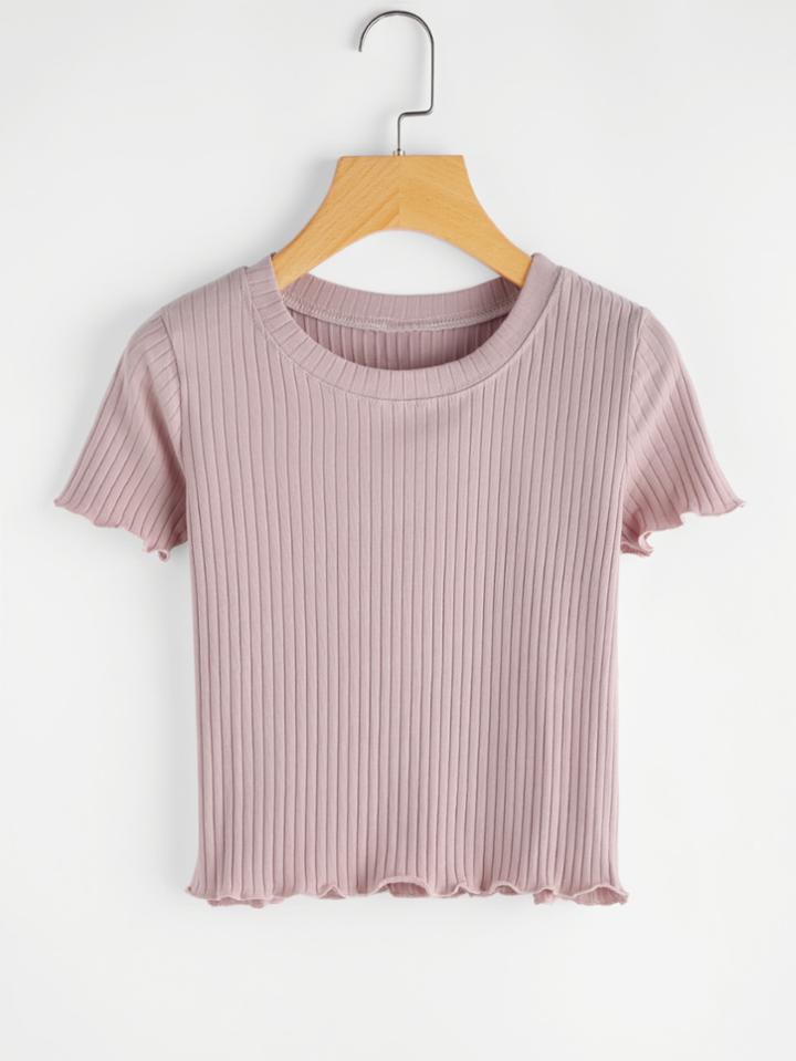 Romwe Lettuce Edge Trim Ribbed Tee