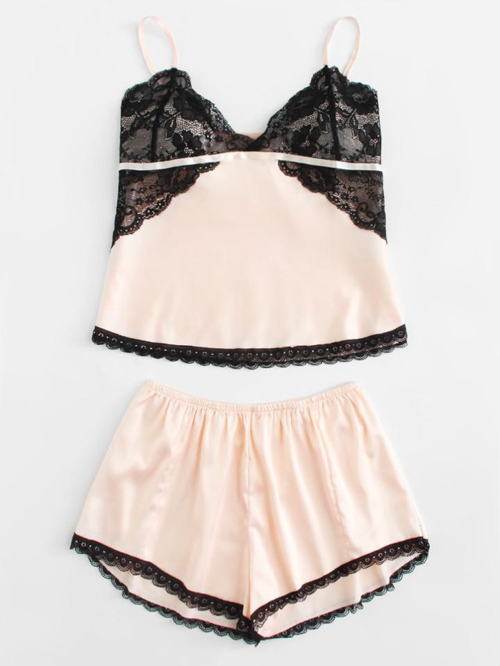 Romwe Contrast Lace Satin Cami & Shorts Set