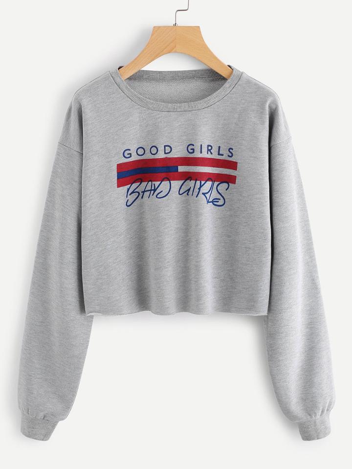 Romwe Raw Hem Printed Crop Marled Pullover