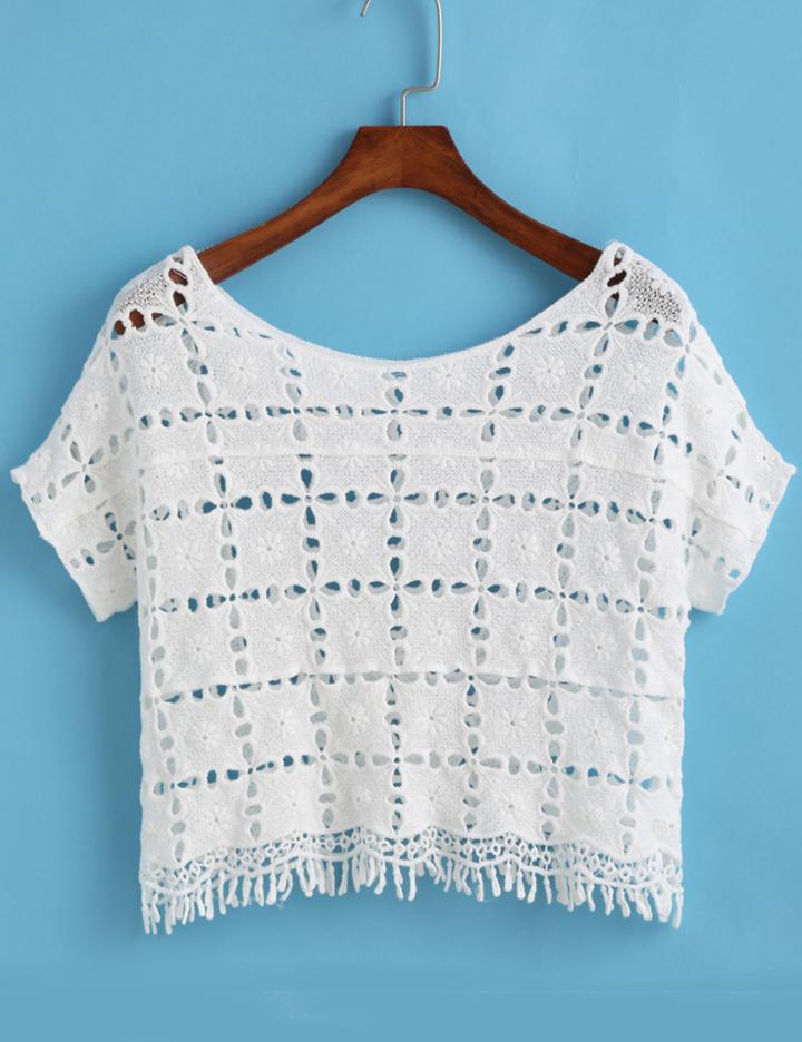 Romwe With Tassel Crochet Hollow White Top