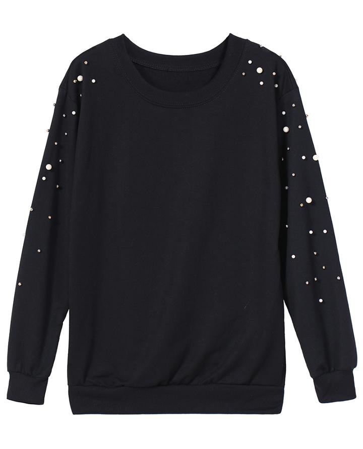 Romwe Bead Loose Black Sweatshirt