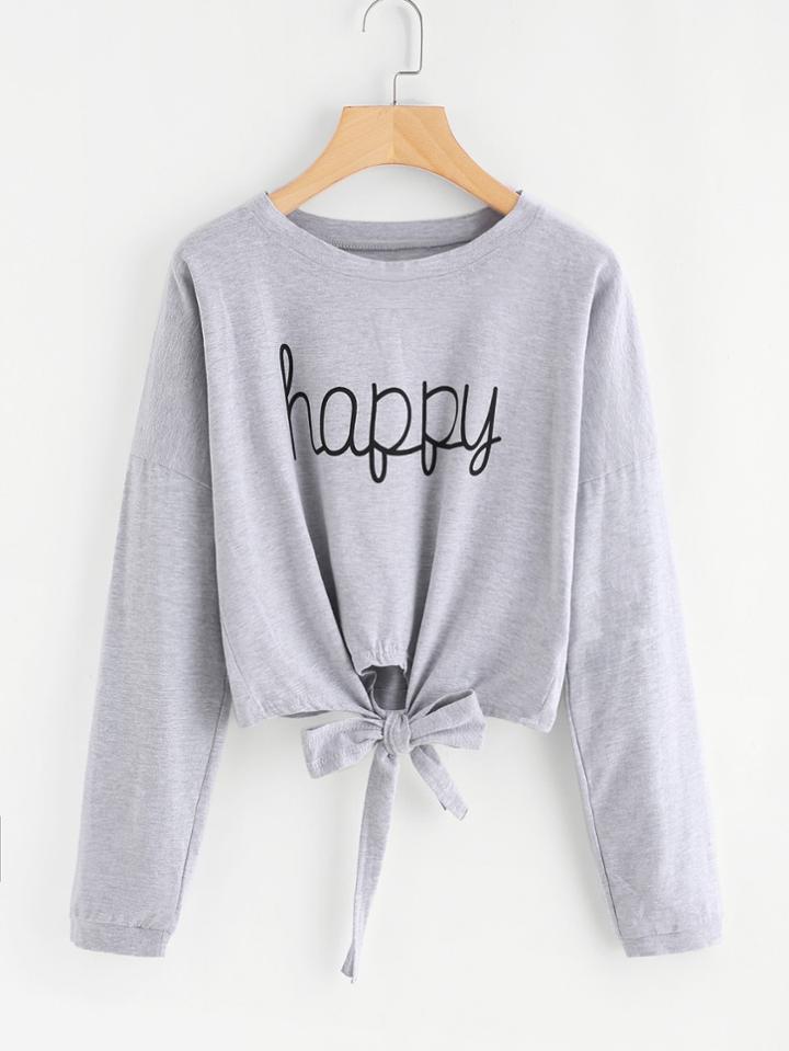 Romwe Happy Print Knot Front Drop Shoulder Tee