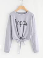 Romwe Happy Print Knot Front Drop Shoulder Tee