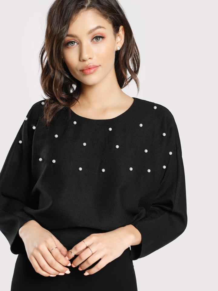 Romwe Pearl Beading Overlap Tie Back Dolman Top