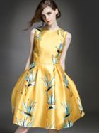 Romwe Yellow Round Neck Sleeveless Print Dress