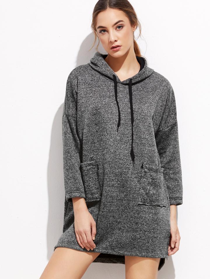 Romwe Dark Grey Slit Side High Low Hooded Dress