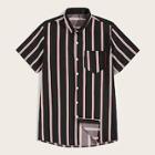 Romwe Guys Vertical Striped Pocket Front Shirt