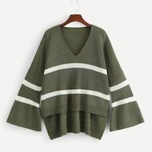 Romwe Trumpet Sleeve Color-block Dip Hem Sweater