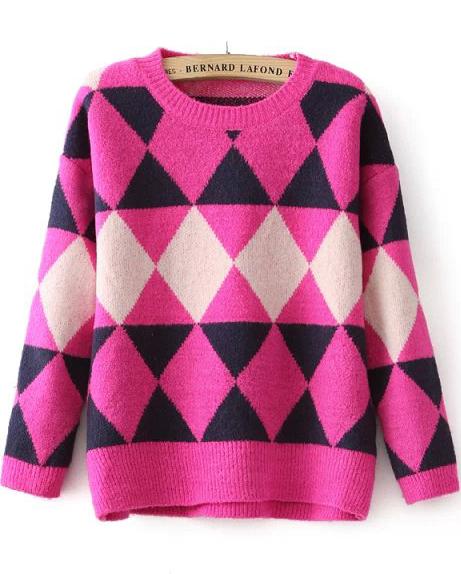 Romwe Diamond Patterned Loose Red Sweater