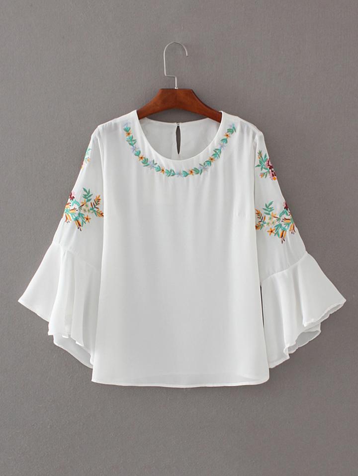 Romwe Bell Sleeve Embroidery Chiffon Top