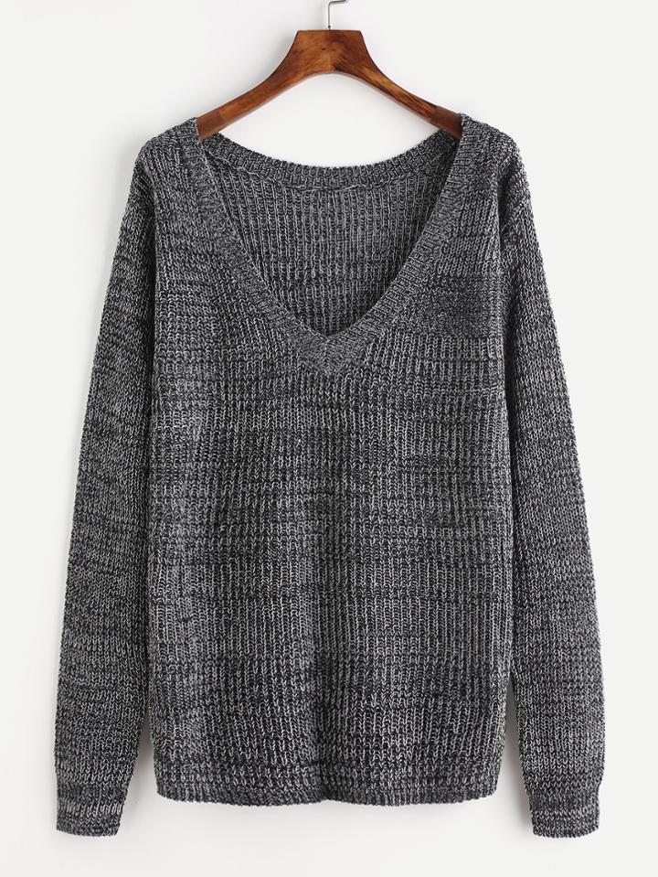 Romwe Plunge Neck Loose Fit Marled Knit Jumper
