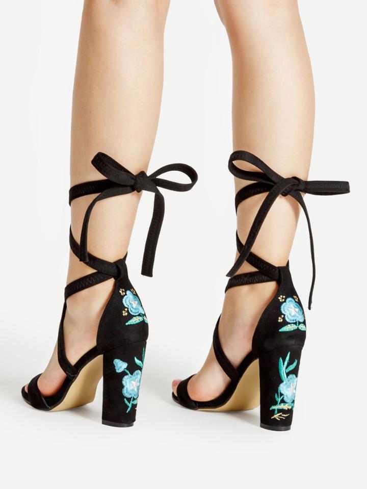 Romwe Calico Embroidery Lace Up Block Heeled Sandals