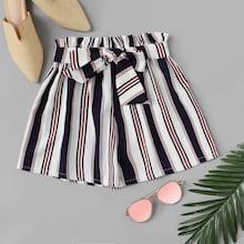 Romwe Belted Detail Striped Shorts