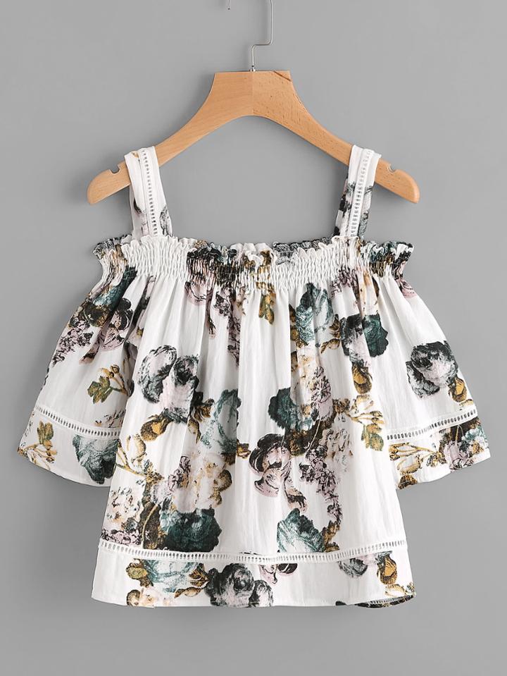 Romwe Open Shoulder Floral Print Random Hollow Out Blouse
