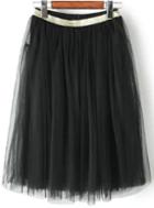 Romwe Black Mesh Midi Pleated Skirt