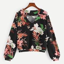 Romwe V Neck Botanical Print Sweatshirt