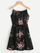 Romwe Florals Self Tie Cami Dress With Faux Pearl Detail