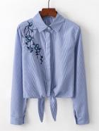 Romwe Floral Embroidered Striped Shirt
