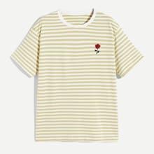 Romwe Guys Flower Embroidered Striped Tee