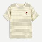 Romwe Guys Flower Embroidered Striped Tee