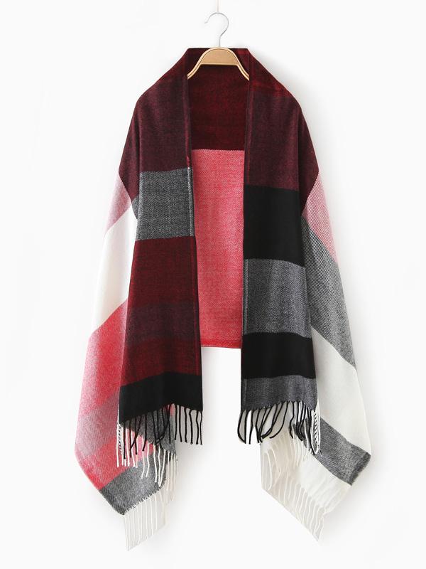 Romwe Pink Tone Patchwork Plaid Fringe Scarf