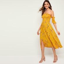Romwe Shirred Floral Print Off The Shoulder Dress