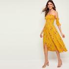 Romwe Shirred Floral Print Off The Shoulder Dress