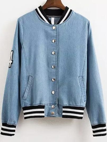 Romwe Contrast Collar Flocked Patch Denim Coat