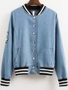 Romwe Contrast Collar Flocked Patch Denim Coat