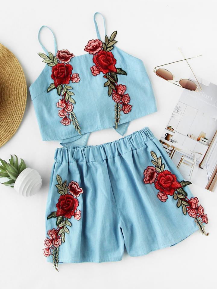 Romwe Rose Applique Bow Tie Back Crop Cami Top With Shorts