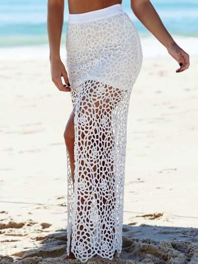 Romwe Elastic Waist Hollow Out Slit Lace Skirt