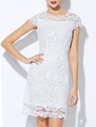 Romwe White Round Neck Short Sleeve Bodycon Lace Dress