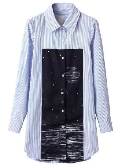 Romwe Pale Blue Lapel Striped Contrast Patch Blouse