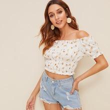 Romwe Floral Print Off The Shoulder Frill Blouse