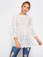 Romwe Eyelet Embroidered Scallop Trim Smock Blouse