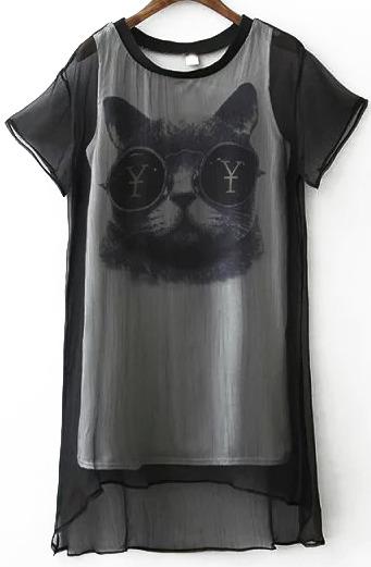 Romwe Cat Print High Low Chiffon Dress