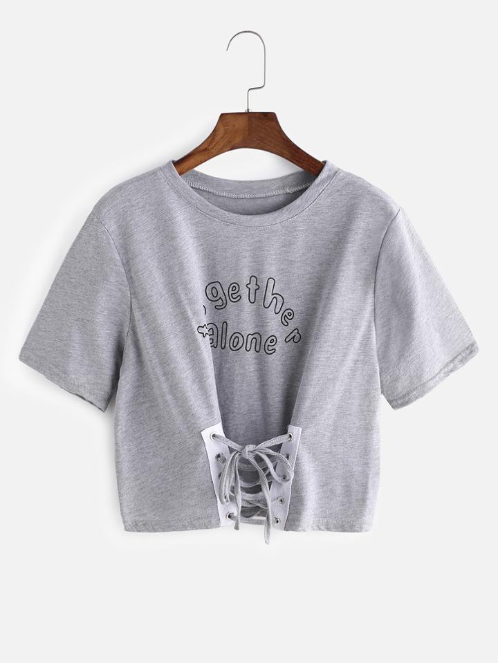 Romwe Grey Letter Print Eyelet Lace Up T-shirt
