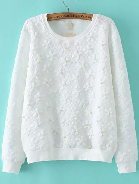 Romwe Embossed Beaded White Sweatshirt
