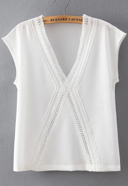 Romwe Deep V Neck Lace Insert Hollow Chiffon White Tank Top