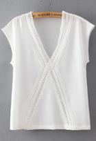 Romwe Deep V Neck Lace Insert Hollow Chiffon White Tank Top