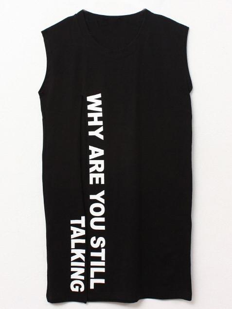 Romwe Black Letter Print Split Front Tank Top