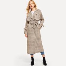 Romwe Flap Detail Plaid Trench Coat
