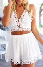 Romwe White Halter V Neck Top With Floral Crochet Shorts