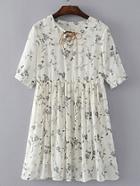 Romwe Eyelet Lace Up Floral Pleated Dress