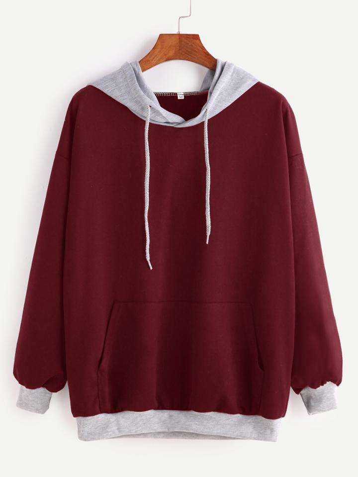 Romwe Burgundy Contrast Drop Shoulder Drawstring Pocket Hoodie