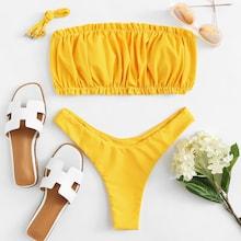 Romwe Crinkle Bandeau With High Leg Bikini Set
