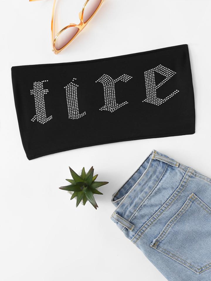 Romwe Rhinestone Letter Tube Top